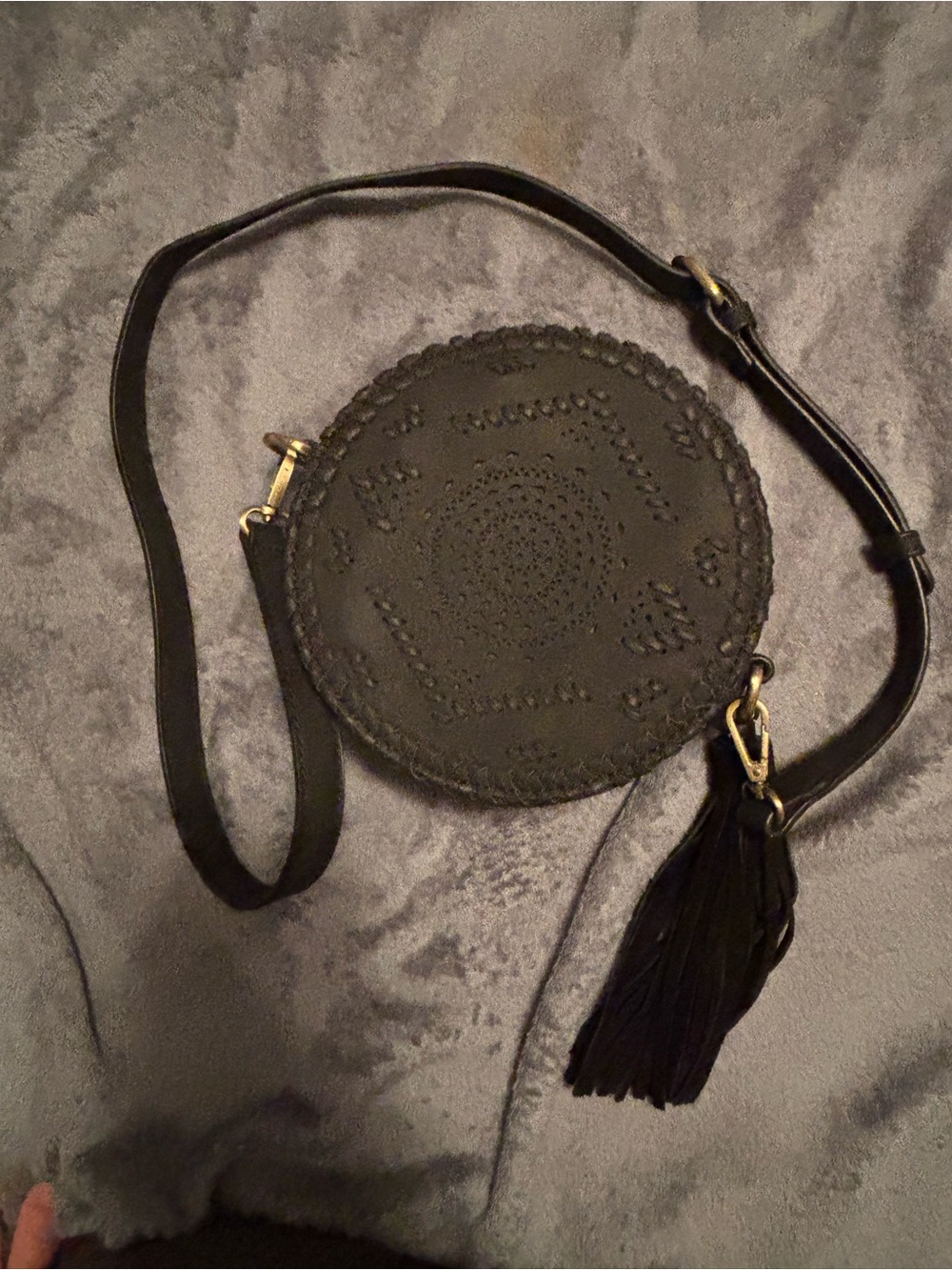 Street Level Black Round Crossbody Bag with Tassel Accent
